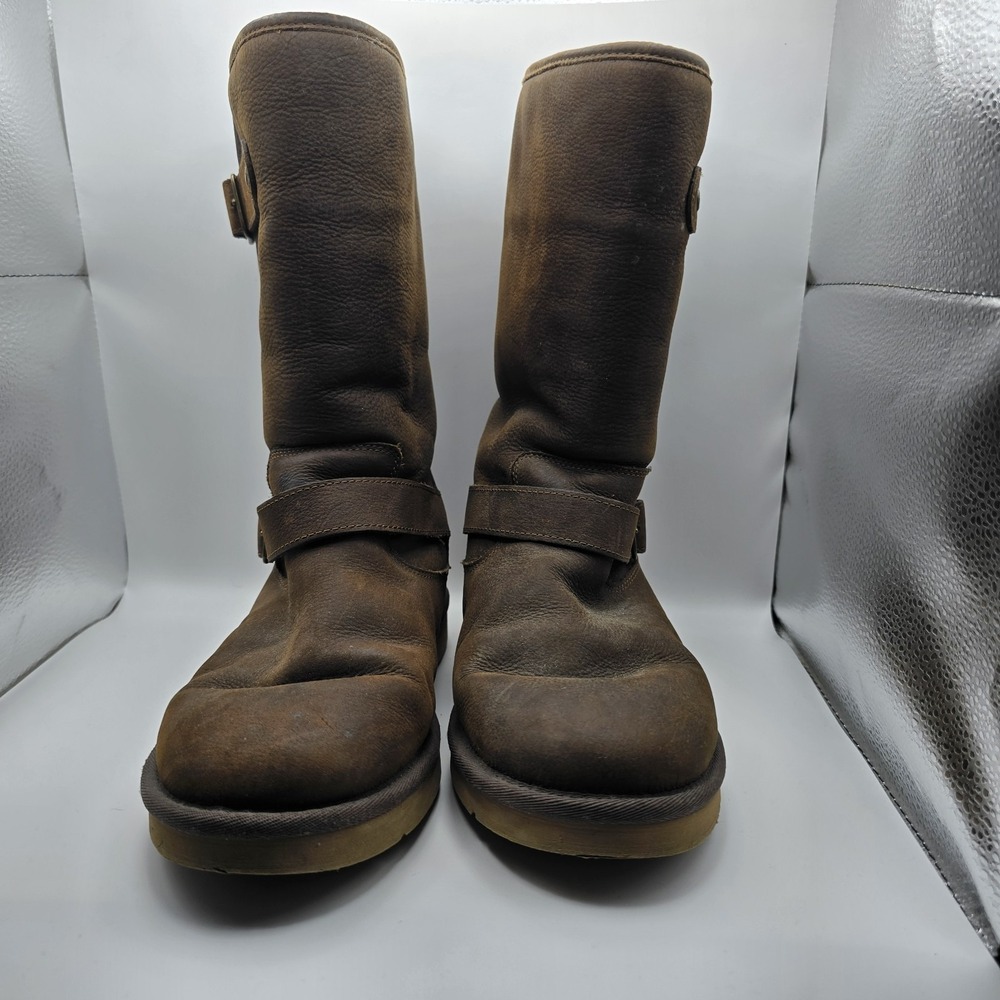UGG Sutter Boots Women's 8 Brown Leather Shearling Lined Buckle Moto Biker Warm - Picture 2 of 9